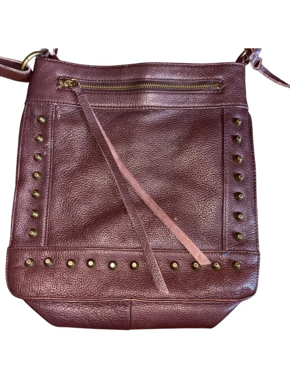 Lucky Brand Burgundy Brown 100% Leather Crossbody Bag Studded Boho Tassel Purse